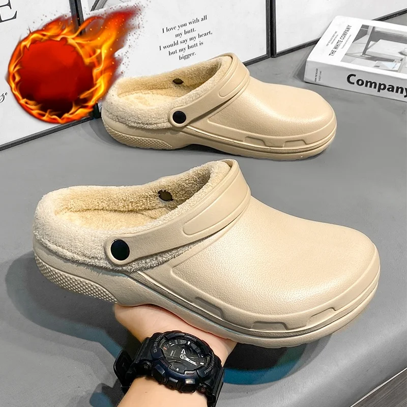 Plus Size Cotton Slippers for Men and Women, Winter Thick-Soled Home and Outdoor Wear, Waterproof and Non-Slip Toe-Toe Slippers, Fleece-Lined and Thickeneded Cotton Shoes