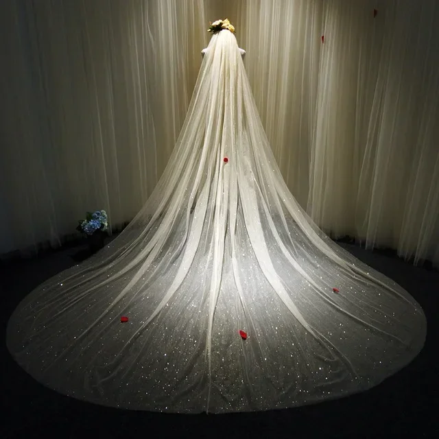 Bling Bling Bridal Veils Sparkly White Champagne Long Cathedral Glitters Wedding Veil With Comb 1 Tier velo de novia 350cm bridal veil