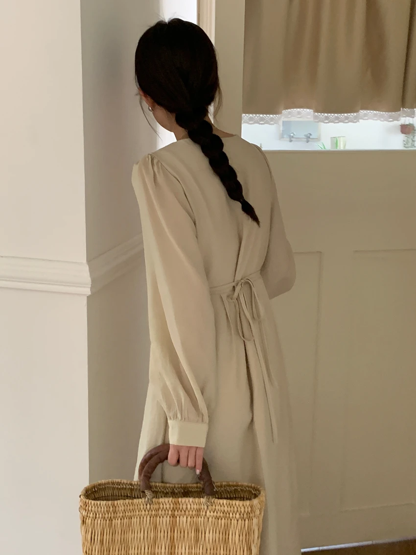 Sommer neue einfarbige schlanke Frauen Kleid süße Damen Frau Freizeit kleid lose Retro gefälschte zweiteilige lang ärmel ige Kleid weiblich – Detail 21