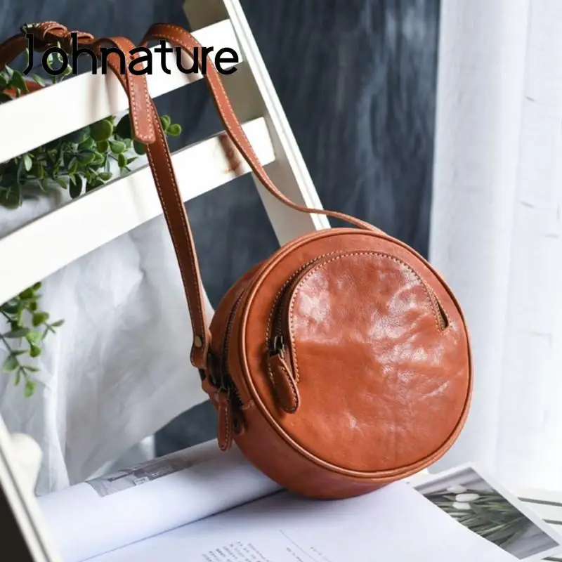 JohnatureRetroHandmadeGenuineLeatherRoundBagWomen2023New