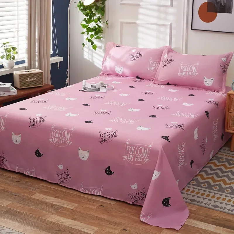 Cartoon Cat Bed Sheet Set for Kids Girls Cute Pet Kitten Print Pink Flat Sheet Kawaii Top Sheets with Pillowcases Bedroom Decor 3