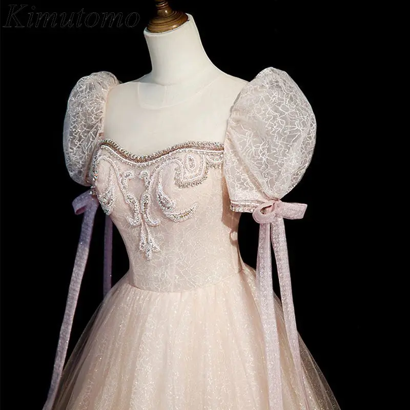 

Розовые вечерние платья Kimutomo с бисером и блестками, блестящее платье на шнуровке с короткими рукавами-фонариками, корейские обручальные платья с высокой талией