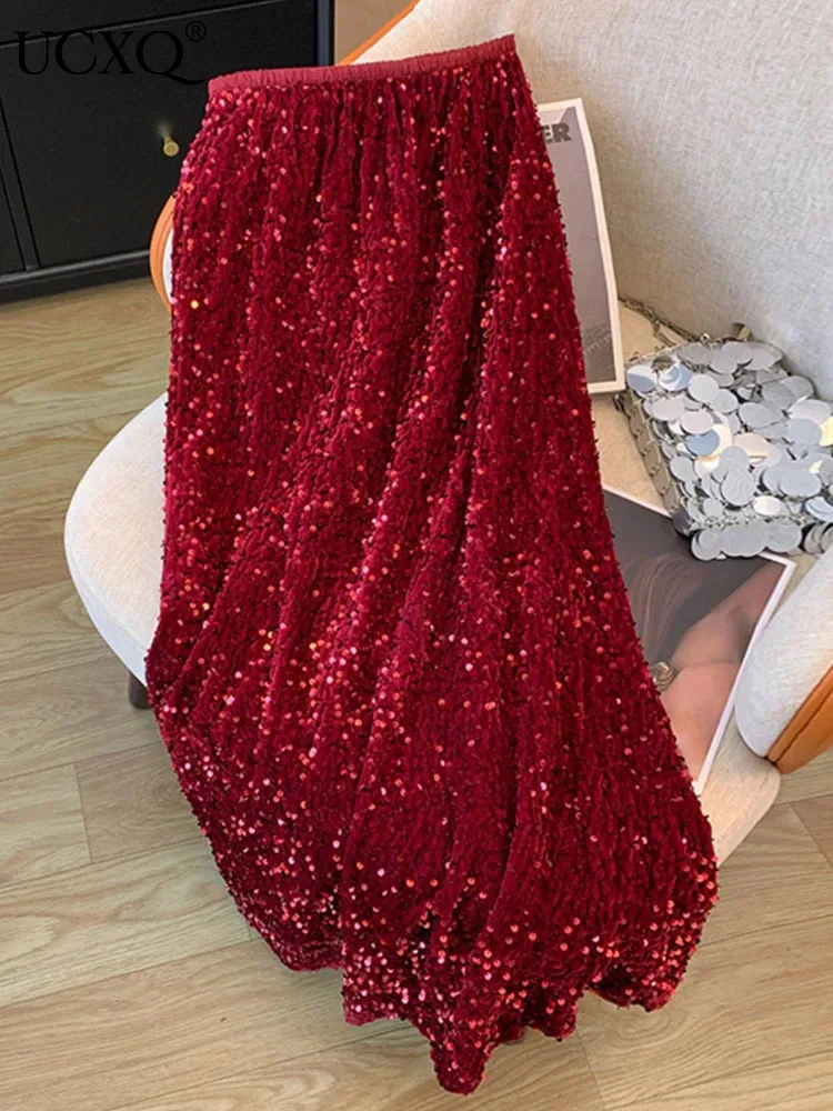 

UCXQ Quality Sequin Sparkling Shining Skirt For Women's Fashion High Waist Golden Velvet A-line Skirts 2024 Spring Autumn 3A7106