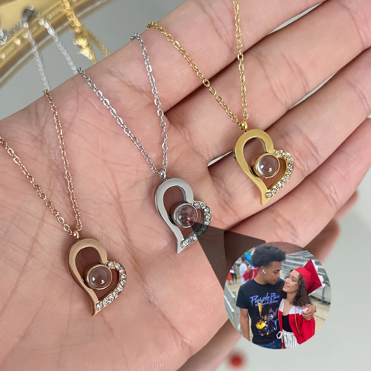 Custom Projection Photo Heart Neckalce For Women I Love You Custom Photo Stainless Steel Rhinestone Projection Jewelry Necklace custom projection photo neckalce for women magnetic couple sun and moon necklaces stainless steel i love you valentine s jewelry