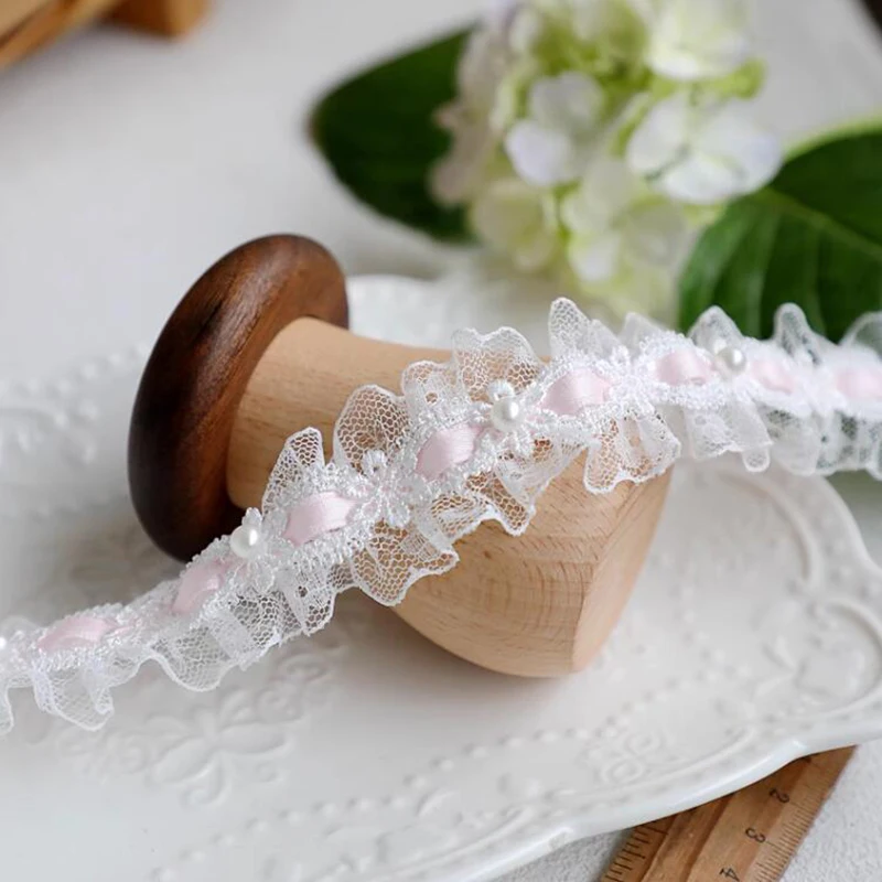 1 Yard Lolita lace Lvory Bead Ruffled Lace Fabric Edging Satin Ribbon DIY Clothing Curtains Furniture Decorations 3.5cm Wide