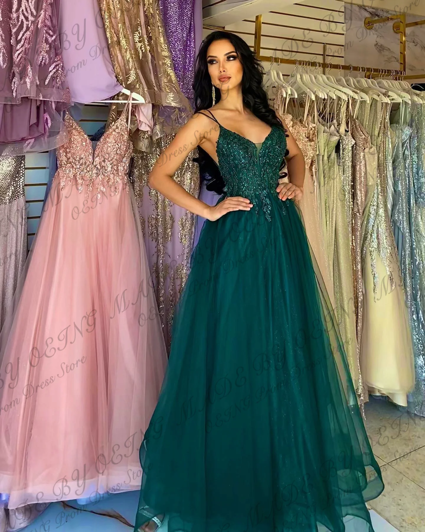OEING Glitter Emerald Green Tulle Prom Dresses Lace Applique
