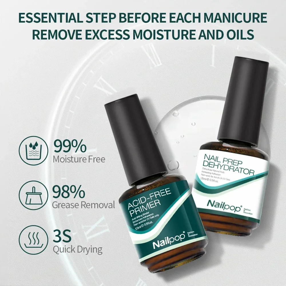 Nailpop Nail Dehydrator and Primer Acid Free Natural Nail Prep for Acrylic and UV Gel Nail Polish Fast Dry Superior Bonding Set 5