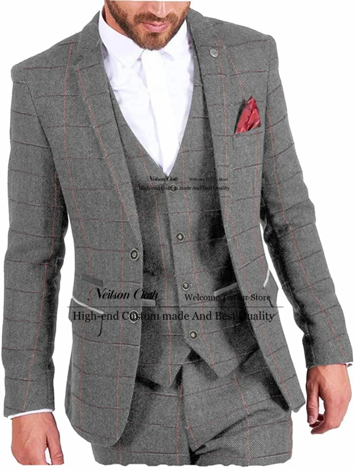 

Formal Gray Men Suits Plaid Tweed Groom Wedding Tuxedos 3 Pieces Business Male Prom Blazers Slim Fit Groomsmen Terno MAsculino