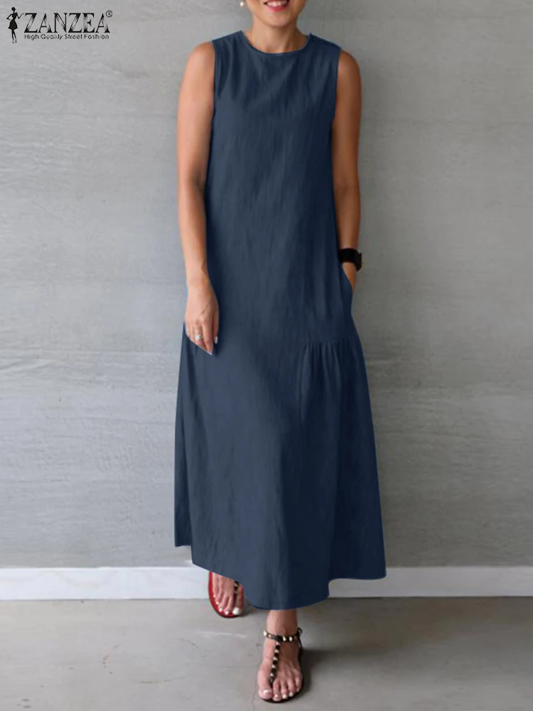 

ZANZEA Summer 2023 Women Denim Maxi Dress Sleeveless A-lilne Tank Dress Casual Loose Solid Color Side Pleats Long Robe Oversized