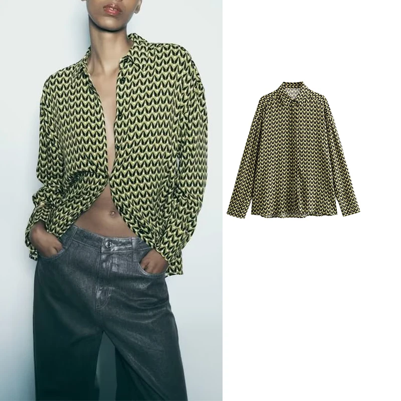 

TRAF 2023 New Women's Shirt Print Satin Shirts for Women Autumn Button Up Shirts Blouses Women Long Sleeve Loose Women Shirts