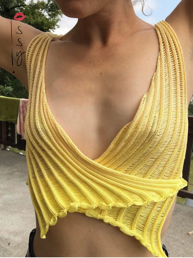 Tossy Summer Beachwear  Knitted Sweater Vest Women Y2K Sexy Deep V-Neck Sleeveless Tank Top Camis Fashion Casual Beach Outwear bathing suit bottom cover up