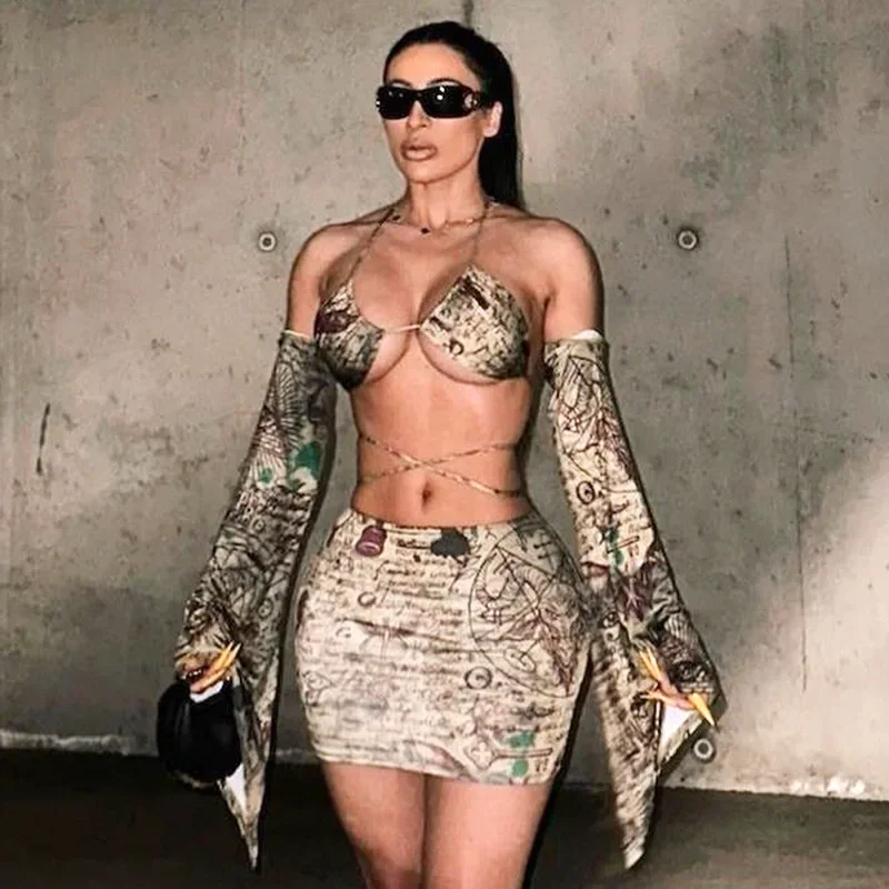 

Сексуальный женский комплект из 2 предметов с юбкой с принтом, облегающий кроп-топ на шнуровке с расклешенным рукавом, детская юбка, комплект из двух предметов