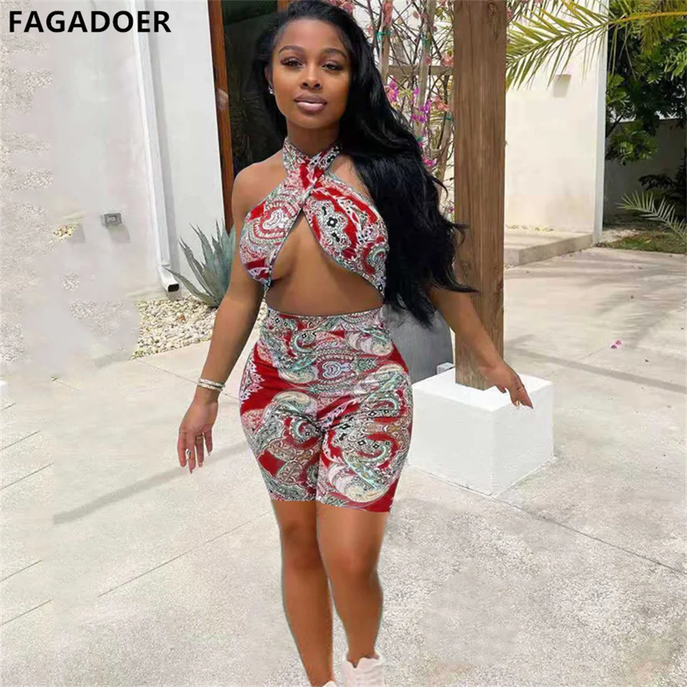 FAGADOER Women Paisley Print Sexy Cut Out Front Cross Halter Lace Up Shorts Skinny Party One Piece Outfit Romper Summer Bodysuit