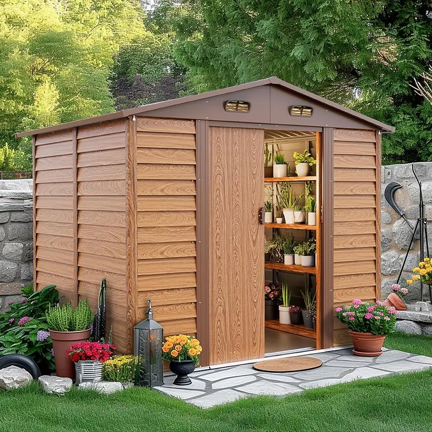 

8x6' Outdoor Storage Shed, Wood Grain Galvanized Metal Shed with Double Sliding Doors, Foundation, Tool Storage Sheds for Garden