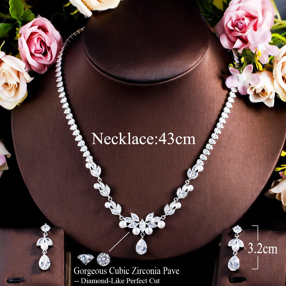 Crysdue Floral Bridal Jewelry Set - Cubic Zirconia & Simulated Pearl Necklace And Earrings For Wedding