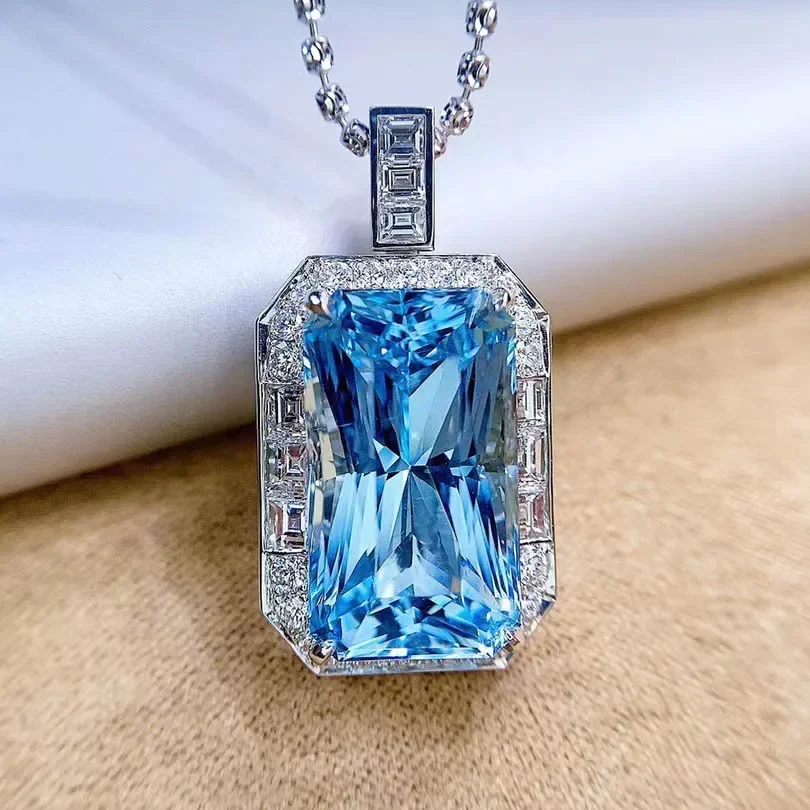 

100% 925 Sterling Silver Blue Sapphire Pendant for Women No Necklace Blue Sapphire Gemstone Geometric Square Pendant Females