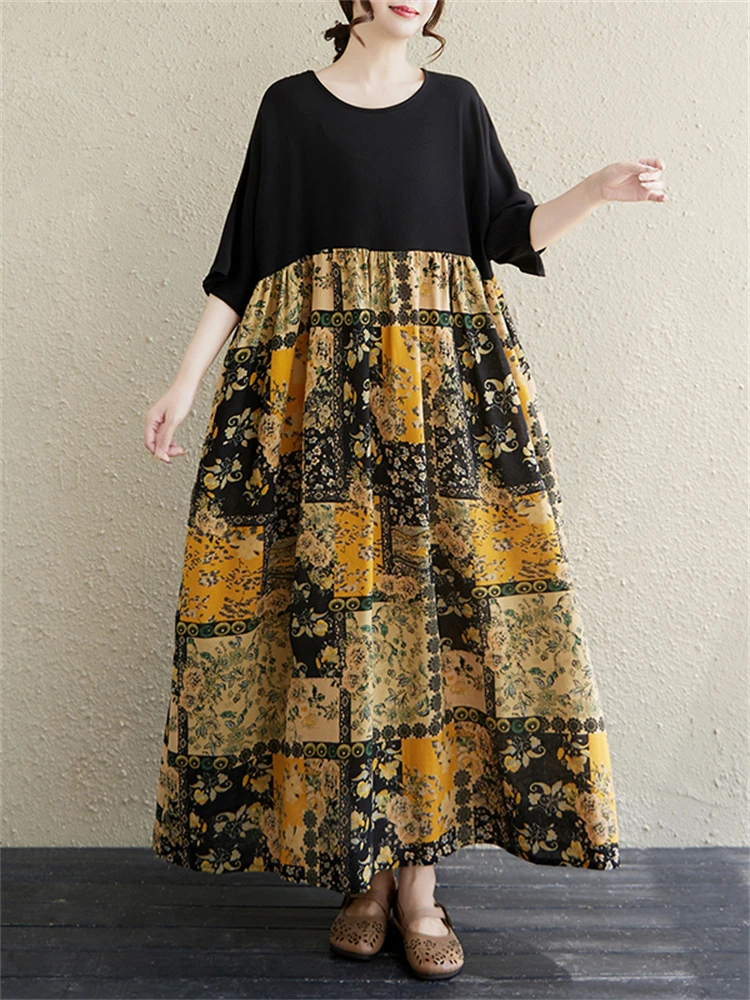 Summer Cotton Vintage Casual Loose Print Women Dresses Short Sleeve Patchwork Dress Femme Vestidos Office Lady Elegant Clothing