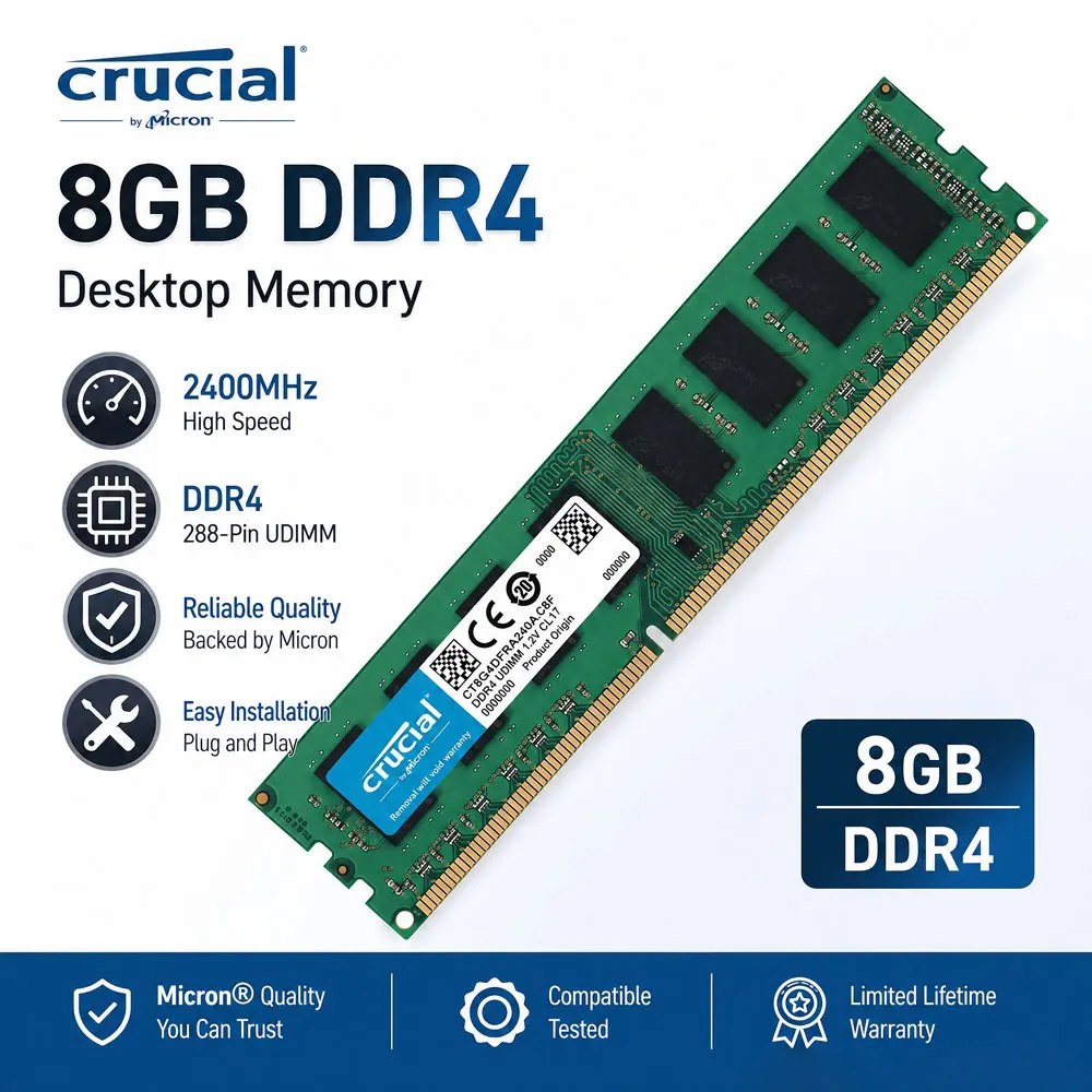 Оперативна пам'ять Crucial для настільних ПК DDR4 16GB 4GB 8GB 3200MHz 2133 2400 2666MHz DIMM 288Pin PC4-21300 25600 19200 17000 Non-ECC PC RAMs