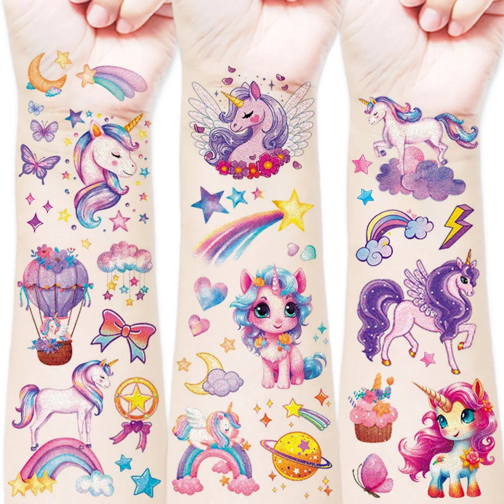 12pcs Unicorn Mermaid Tattoo Colorful Glitter Powder Waterproof Temporary Sticker Cute Cartoon Body Art Arm Fake Tattoos