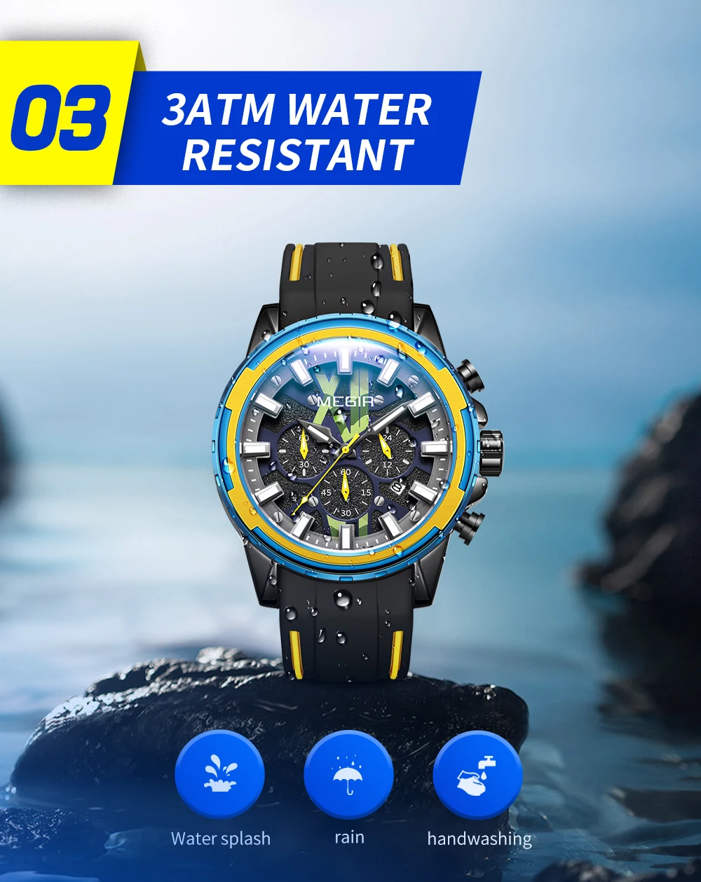 MEGIR New Fashion Men's Luminous Sports Waterproof Personality Quartz Wrist Timer Calendar Silicone Watches Reloj Hombre 2133