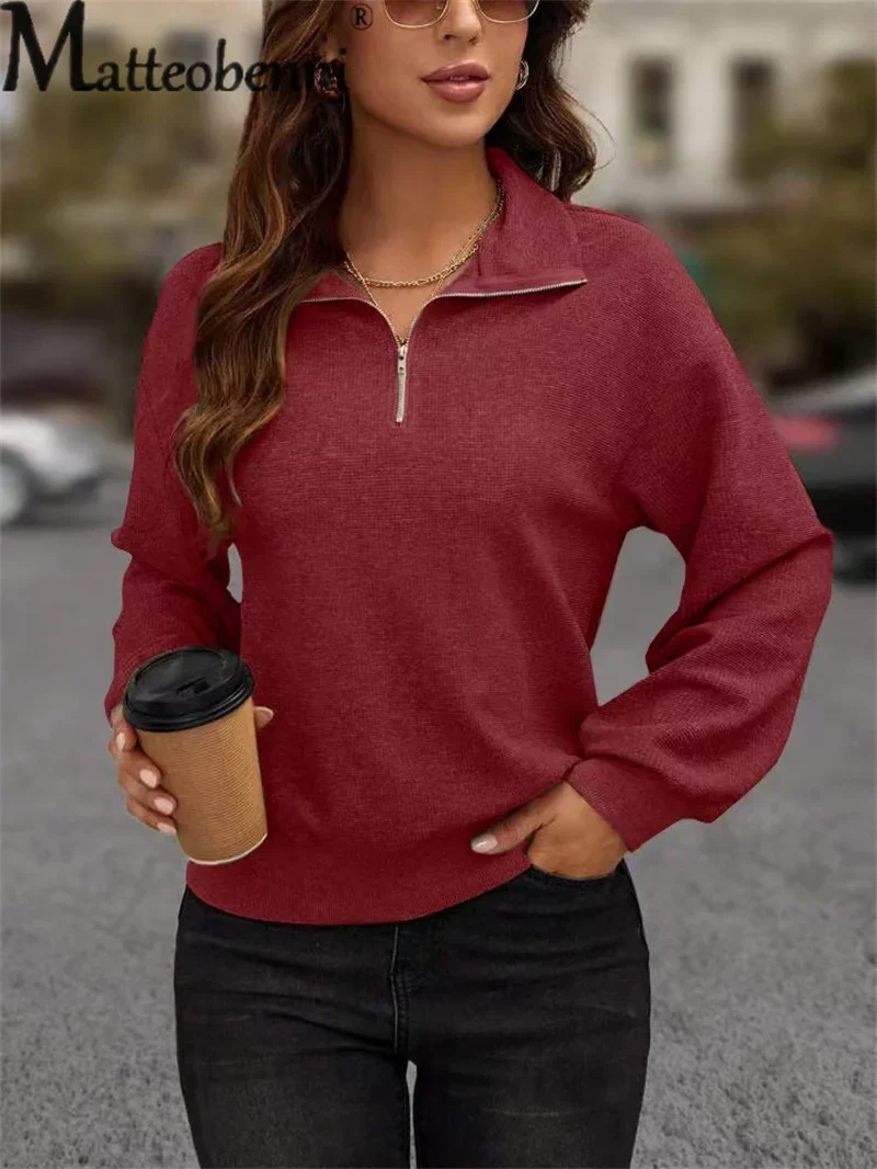 Elegant Knitted Textured Fabrics Hoodie Women Autumn Winter Lapel Splice Pullover Sweatshirt Female Sweet Style Casual Loose Top