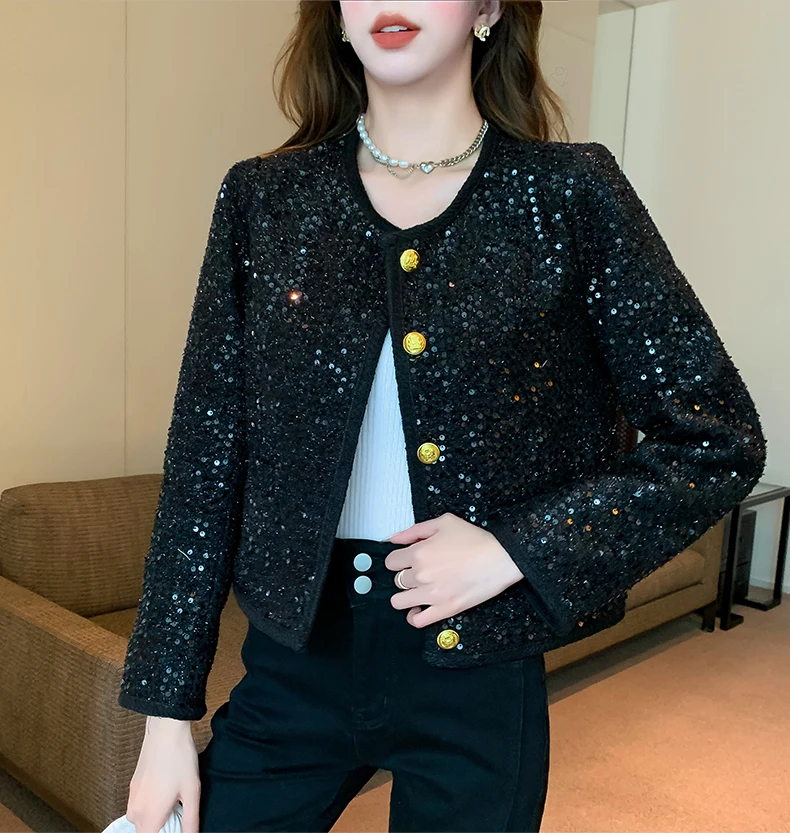 9090girl グリッターショートパファージャケット High Quality New Autumn Black Glitter Sequined Long Sleeve
