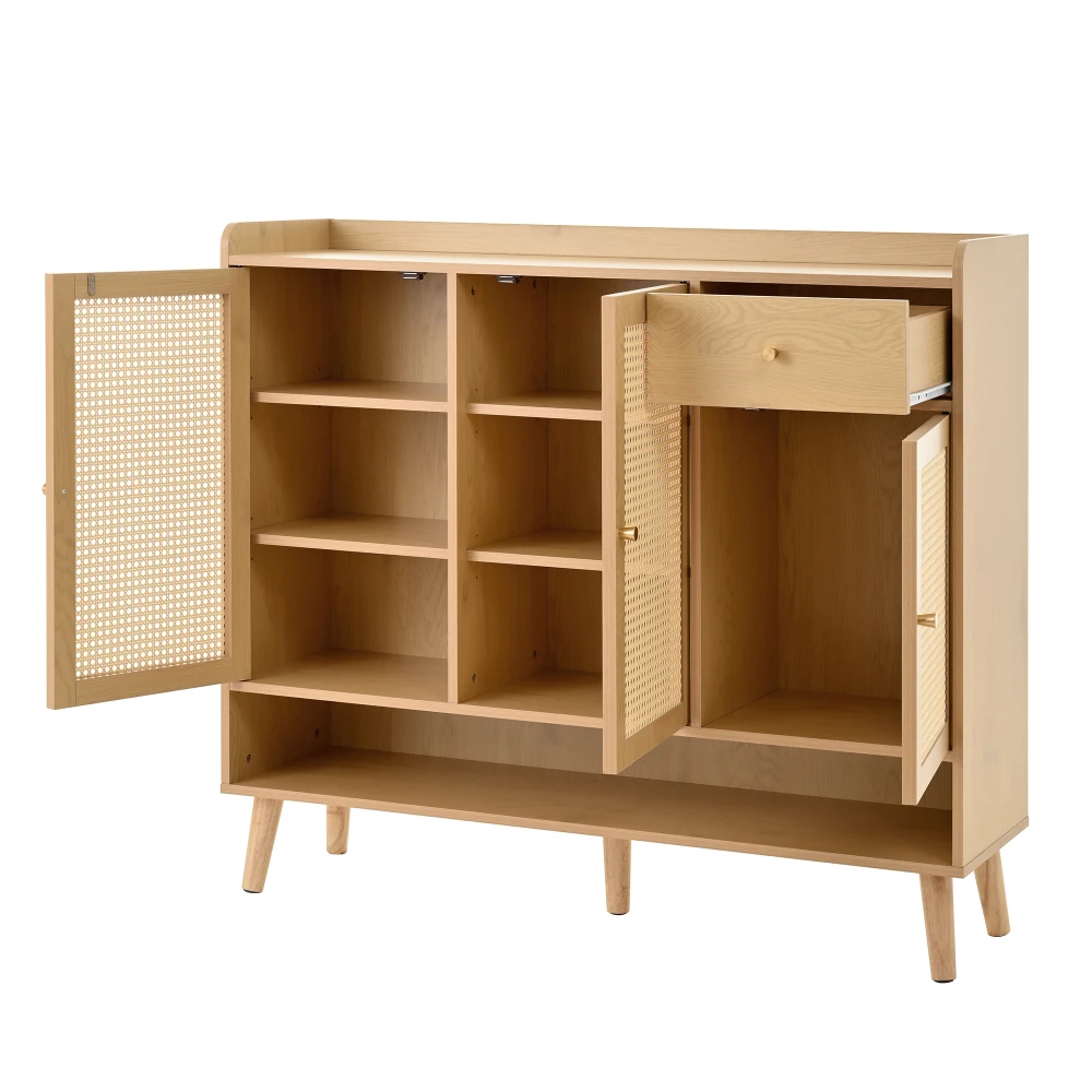 PINGGO Natürlicher Rattan-Schuhschrank 3 Türen 1 Schublade 5 Regale Metallgriff Massivholzbeine Flur-Möbel – Detail 15