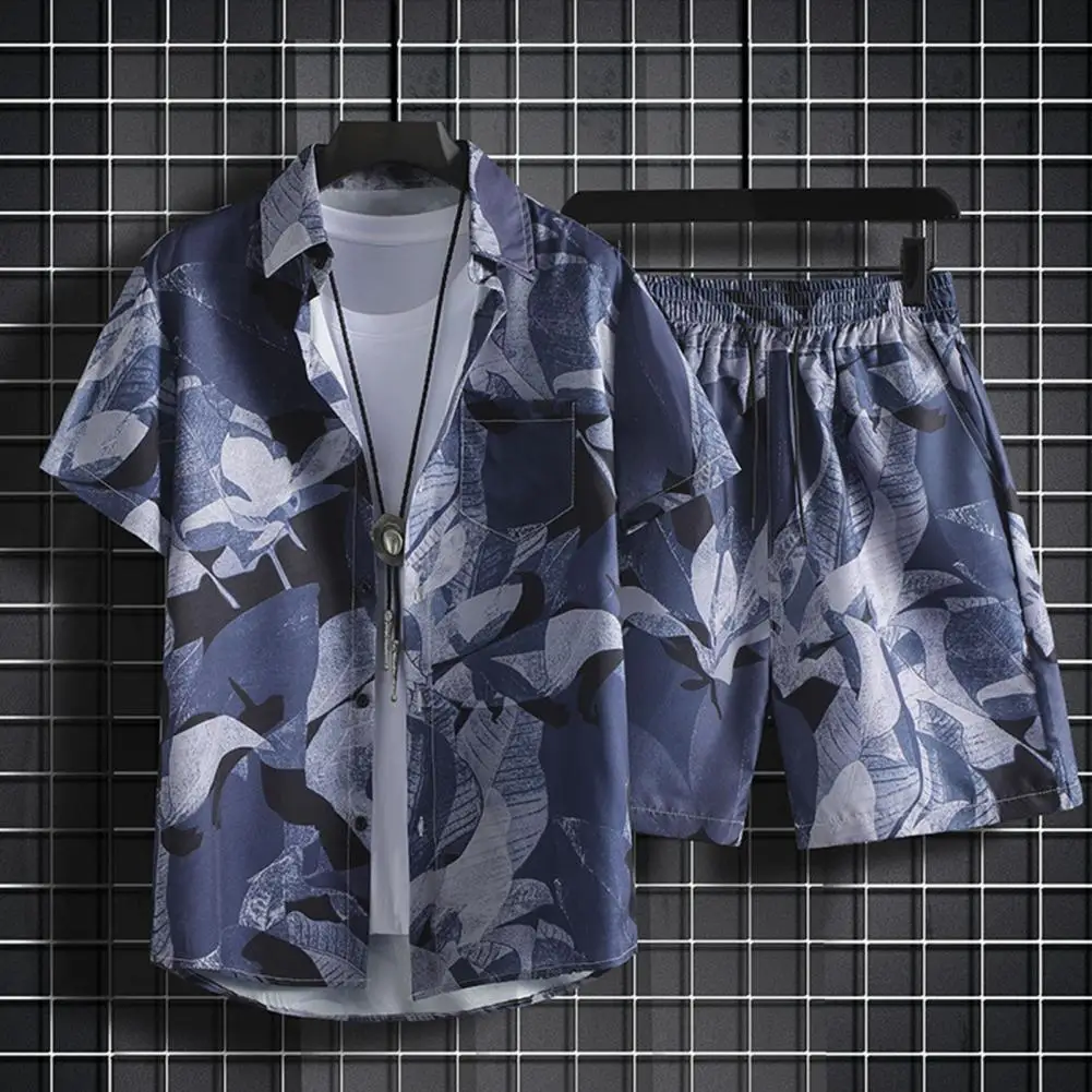 

Workout Outfit Men's Summer Hawaiian Print Shirt Shorts Set with Elastic Waist Pockets Casual Beach Outfit for Men for Vacation
