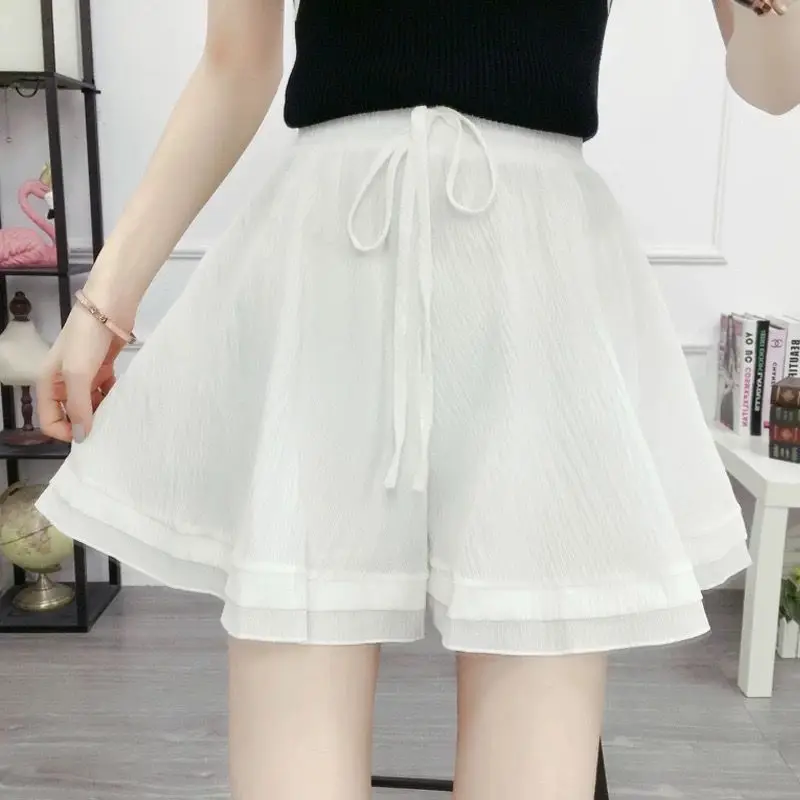 Sweet Solid Color Spliced Lace Up Chiffon High Waist Shorts Female Clothing 2024 Summer New Loose Korean Elastic Casual Shorts