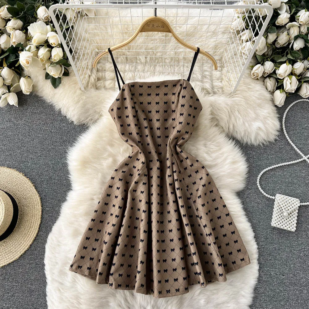 

2022 Summer New Retro Style Printed Bra Small Dress Short Dress French Minority Waist Slim Suspender Dress