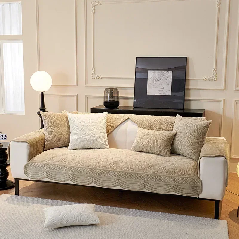 Short Plush Sofa Cushion  Autumn Winter Embossed Wave Edge Sofas Towel Pillow Cover L-shaped Sofa Cover Slip Wear Resistant 3