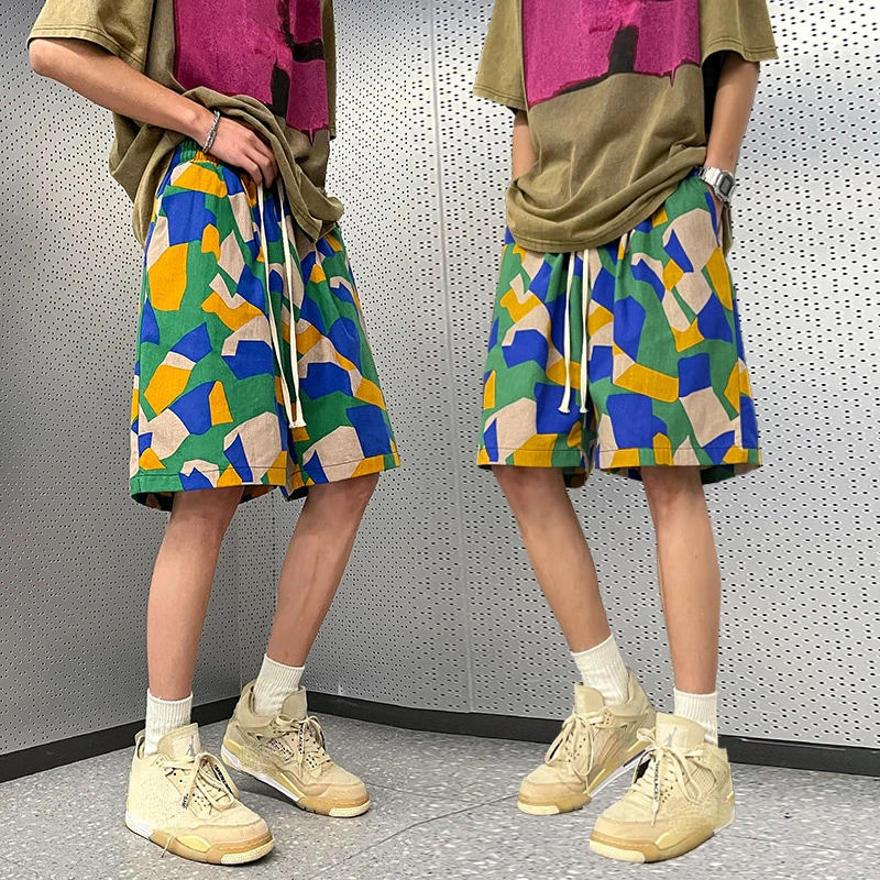 2023 New Casual Shorts for Men Gothic Summer Beach Knee Length Pants Elastic Waist Loose Male High Street Streetwear Gym Shorts