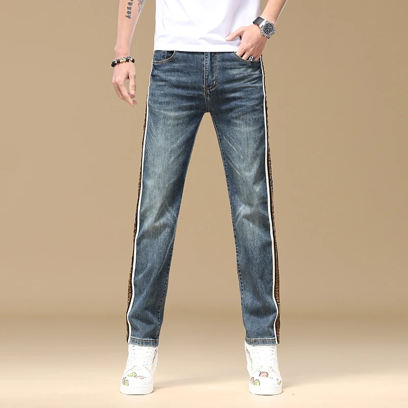 2024Summer Stripes High-End Men's Straight Jeans Blue Embroidery Loose Elastic Fashion Wide-Leg Trousers