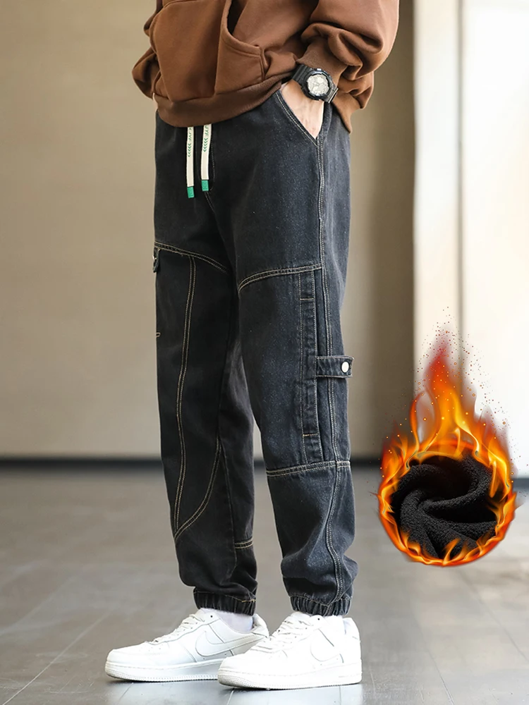 Thicken Men's Cargo Jeans Warm Fleece Fashion Large Pockets Bound Feet Sweatpants Male Drawstring Korean Plush Denim Trousers 3