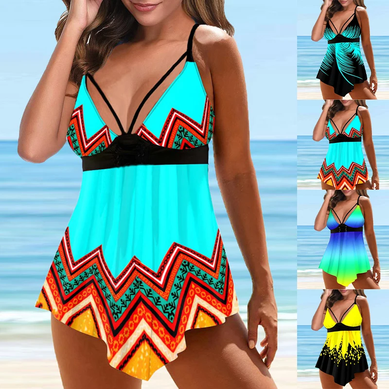 

2023 Women's Printed Beach Swimwear Off Shoulder Sexy Bikini Swimwear Summer Tankini Swimwear Tankiny Two Piece Beach Suit