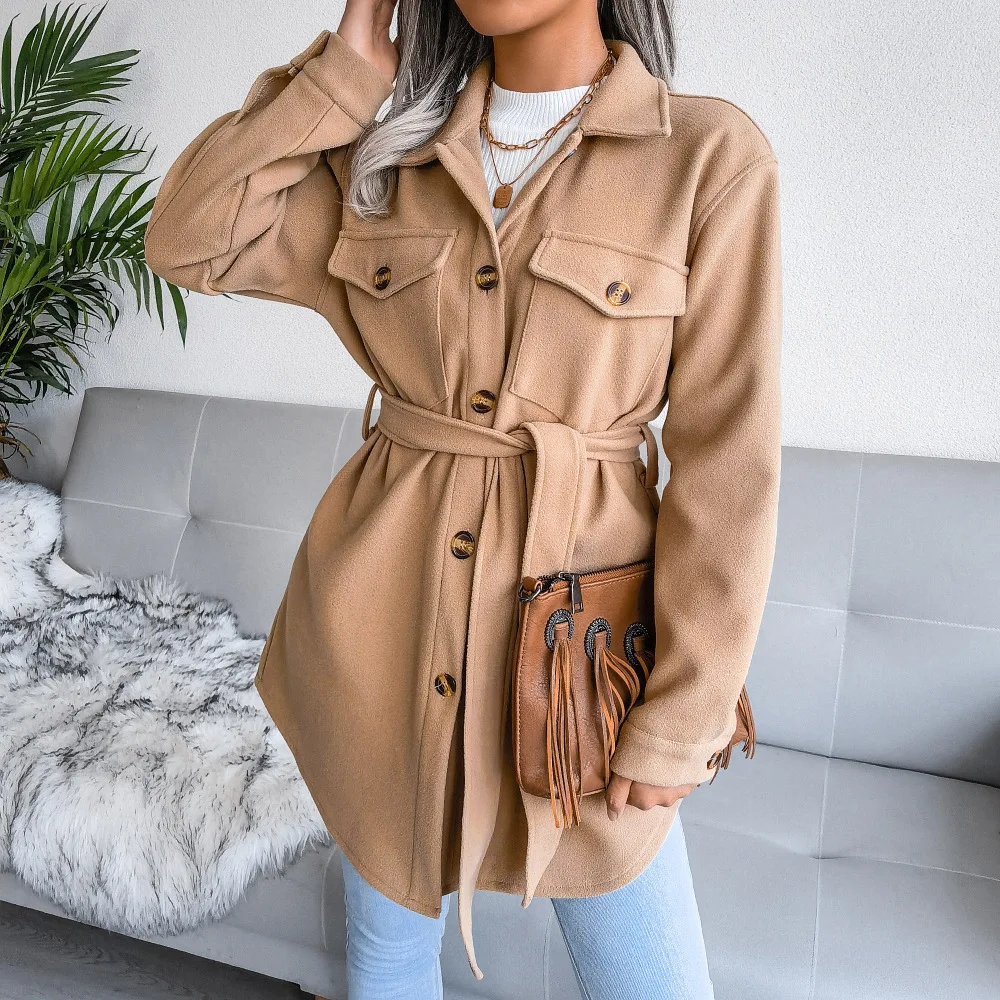 Women's 2023 Casual Fashion Loose Lapel Wool Chic Coat with Retro Long Sleeve Side Pockets Women's Coat Warm Women's Clothing