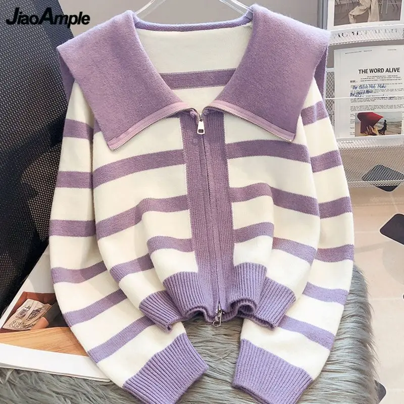 

Preppy Style Peter Pan Collar Sweater Coats Women Autumn Winter Knit Jackets Korean Lady New Graceful Purple Stripe Tops 2023