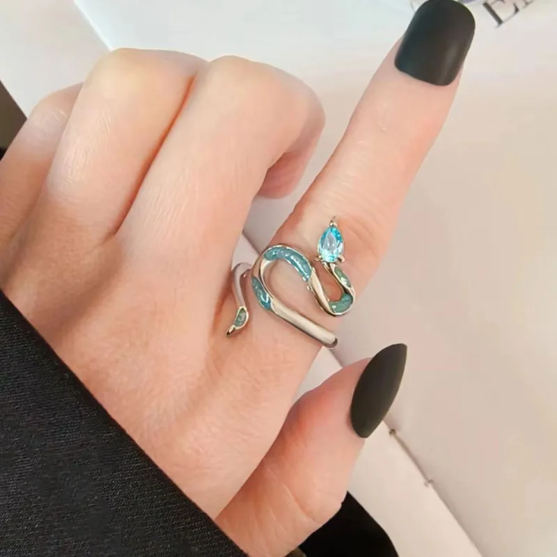 Silver Color Blue Zircon Snake Rings for Women Men 2024 New Trend Creative Ring Statement Party Jewelry Gifts Wholesale