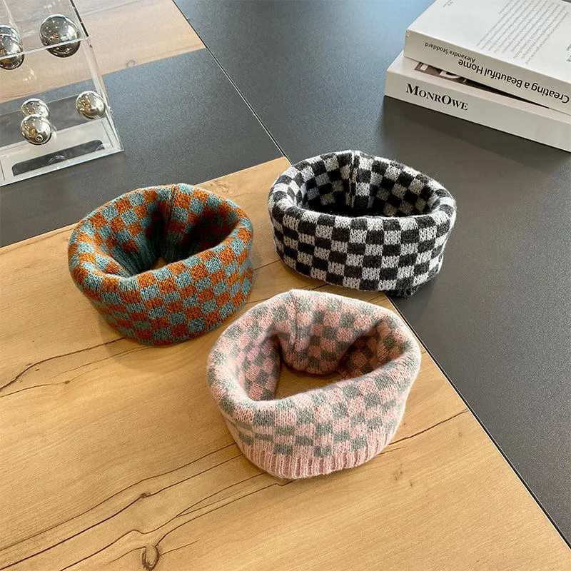 Children's check autumn and winter Korean simple scarf retro boys and girls knit double layer warm