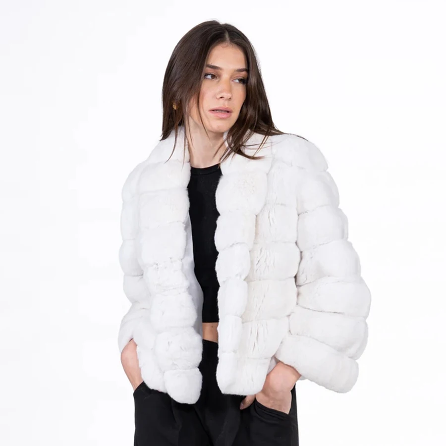 

Chinchilla Fur Coat Women Real Rex Rabbit Fur Coat Best Selling Luxury Clothes Women Short Fur Jacket White