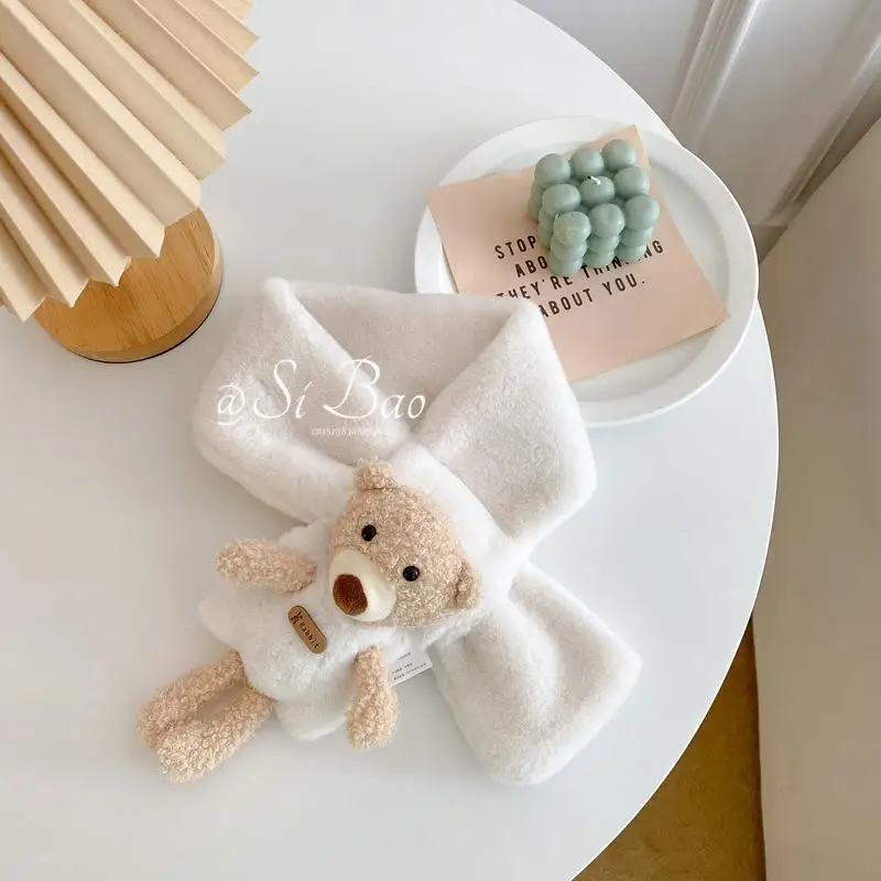 Imitation Rabbit Fur Children Scarf Cute Cartoon Bear Plush Cross Collar Kids Scarf Winter Warm Thicken Boys Girls Scarves