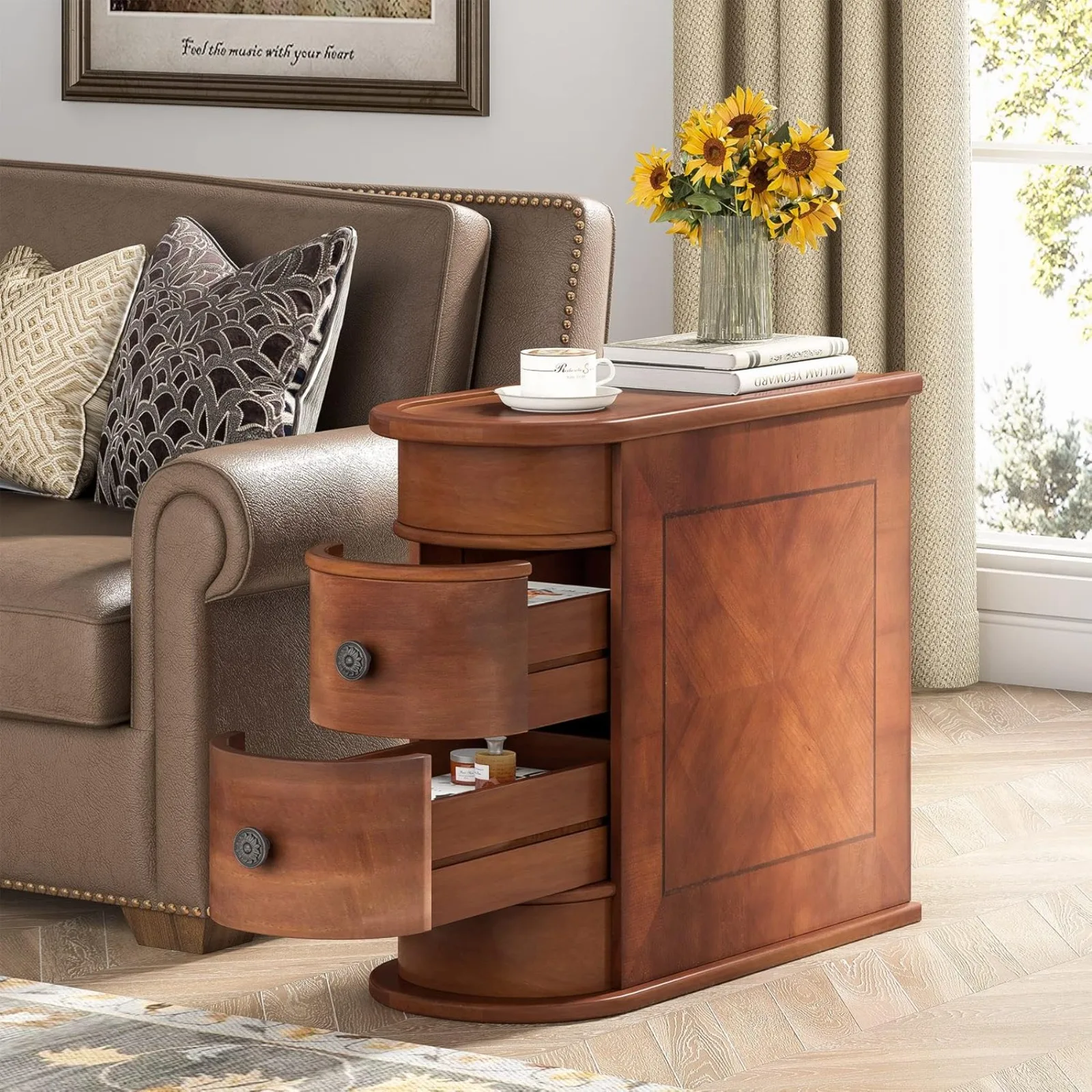 Description Picture 3 of itemUS End Table Set of 2, No Assembly Required Wood End Table with 2 Drawers, Sofa Side Table for Living Room, Vintage Slim