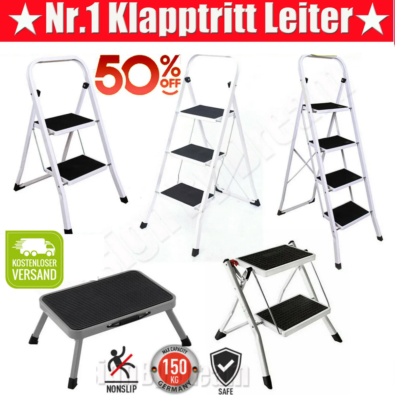 Step Stool, 1-2-3-4 Steps, Lightweight Step Ladder with Handrail, Folding Ladder with Non-Slip Platform, Maximum Load 150kg