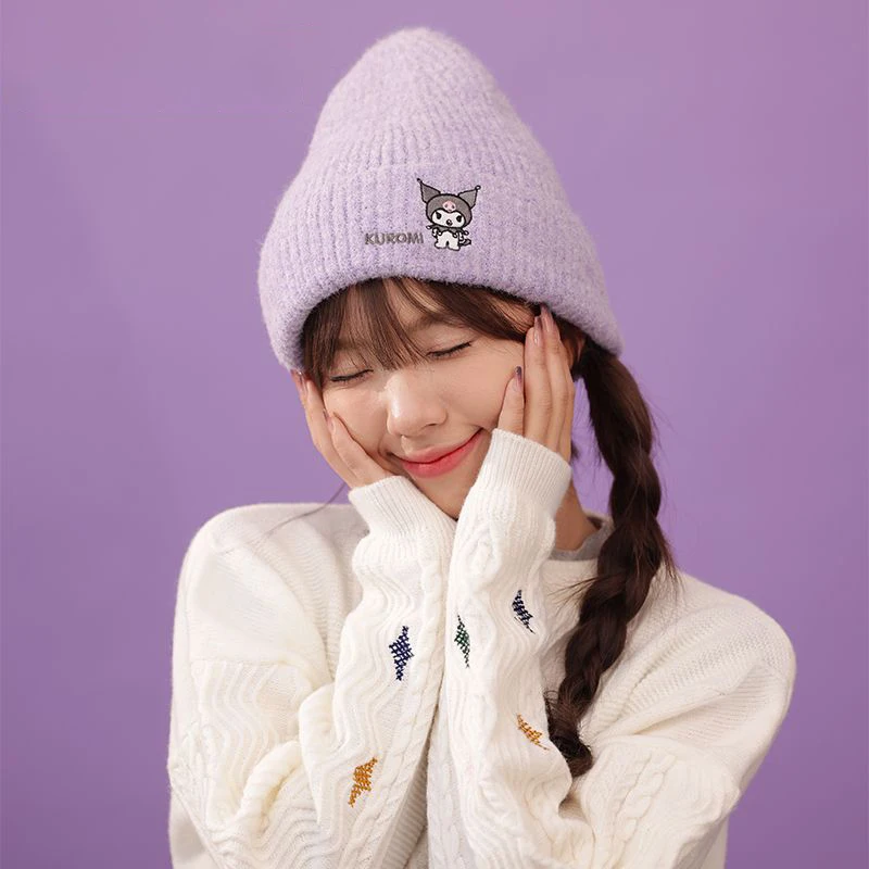 

New Kawaii Cinnamoroll Kuromi Pompompurin Pochacco My Melody Embroidered Knit Hat Cute Windproof Ear Protection Warm Hat for Kid