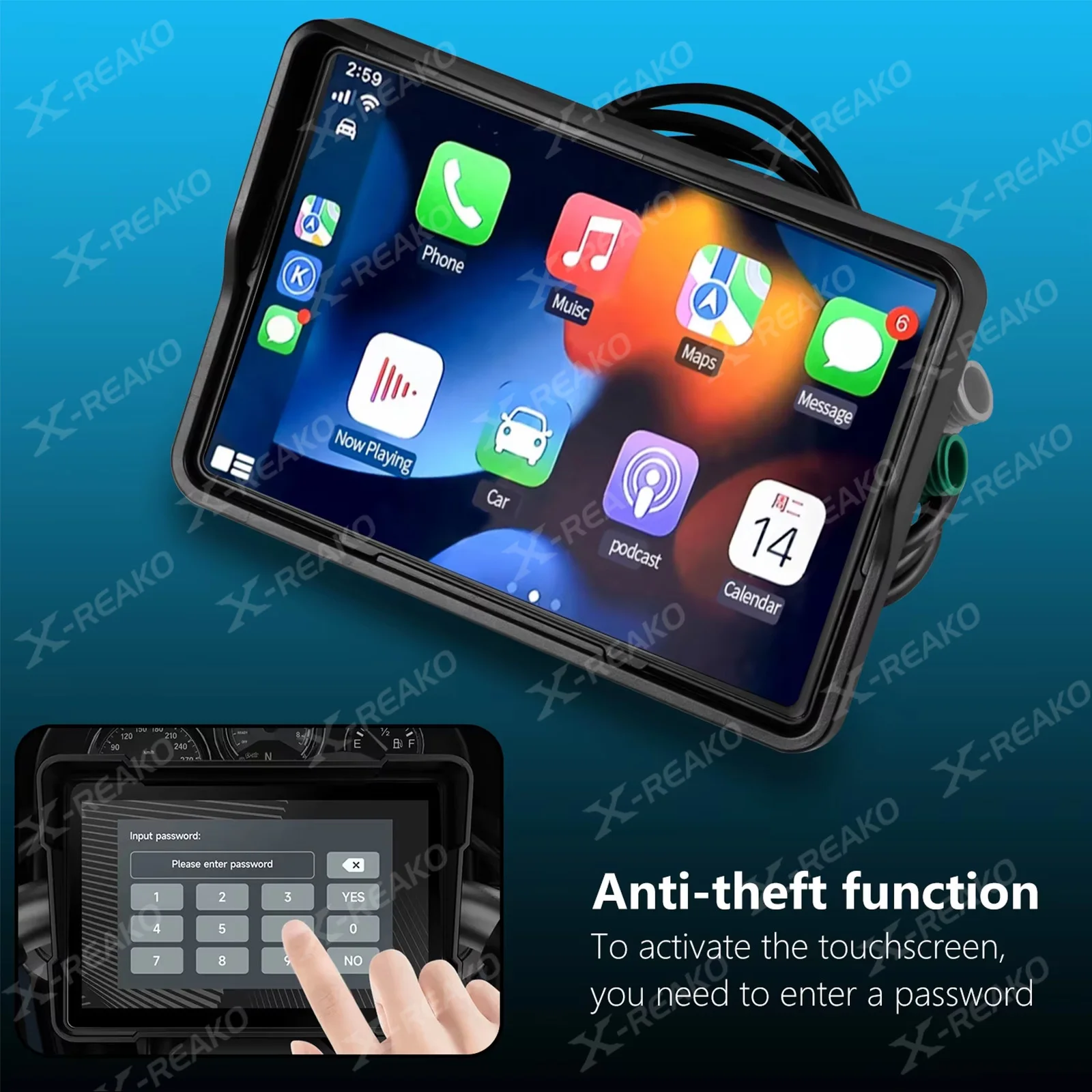 X-REAKO 5-inch Motorcycle PND Player Motorcycle Portable MP5 Waterproof Grade IPX7 DVR + TPMS Bluetooth GPS Carplay SD Card
