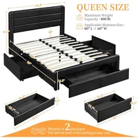 Large bed platform with 2 USB charging stations/Type a and Type C ports /3 storage drawers/solid wood strip support/black 2