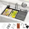 33in Waterfall Kitchen Sink with Faucet Single Bowl Drop in Sinks, 16 Gauge Stainless Steel, Kitchen Sink with 7 Accessory 1