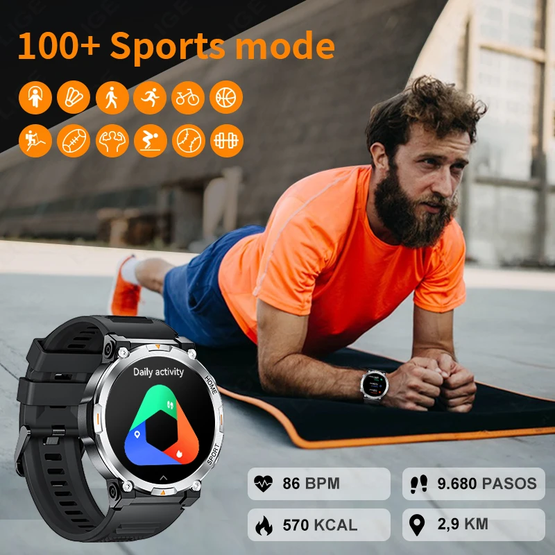 LIGE Men Smartwtach 1.43 Inch AMOLED Screen Men Watch Health Monitoring Sports LED Flashlight Smart Watch Bluetooth Call Watches