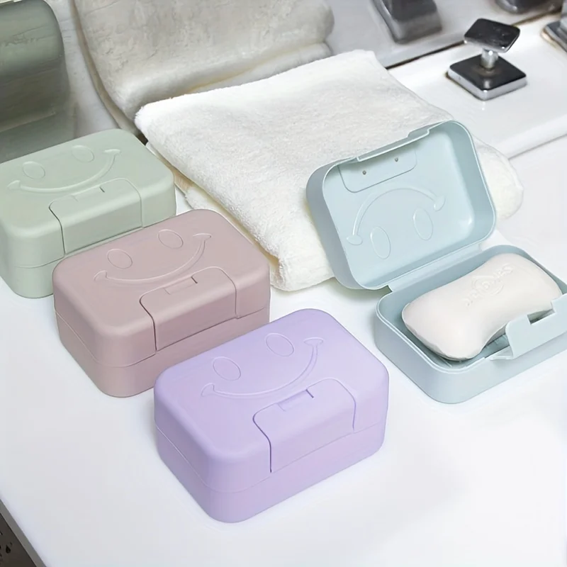 1pc Soap Dish Non-punch Household Cute Soap Dish with Lid,  Expression Detail Soap Dish Container for Home Bathroom Travel