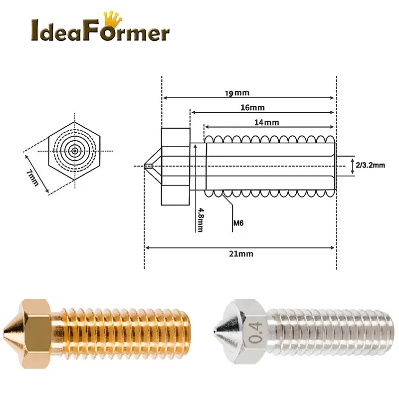 2pcs 3D Parts Brass Volcano Nozzle M6 Extra Lengthen Copper Nozzle 1.75mm High Flow 0.4/0.6/0.8/1.0/1.2mm Artillery Nozzle image 4